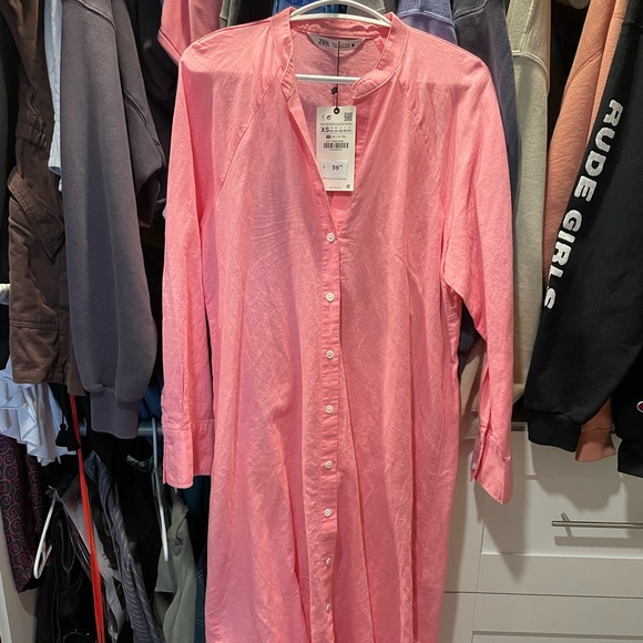 NWT Pink Linen Zara Beach Button Up Dress - Picture 1 of 3